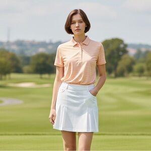 Puma Women’s Polo Top S/S Peach/White Striped Golf Polo Size-S EUC